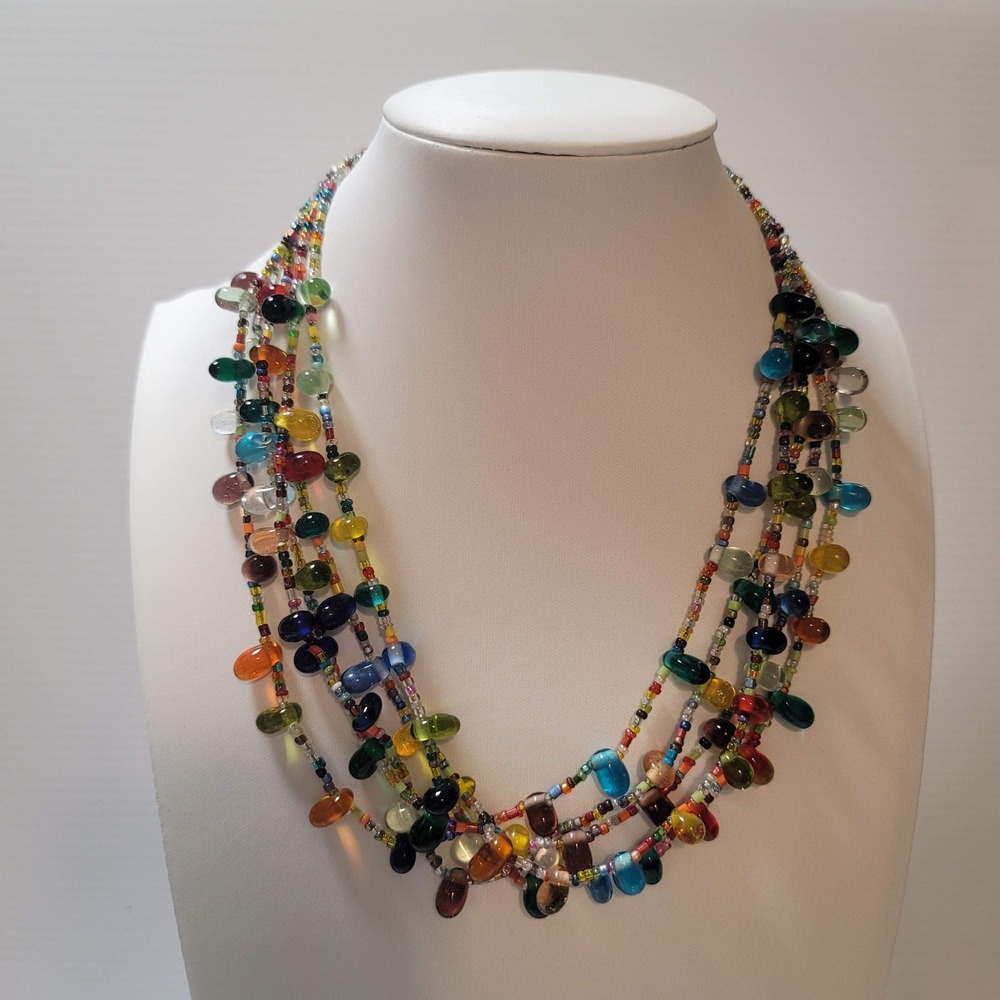 Multicolor Strand Beaded Statement Necklace Glass Teardrop Boho Silver Tone‎
